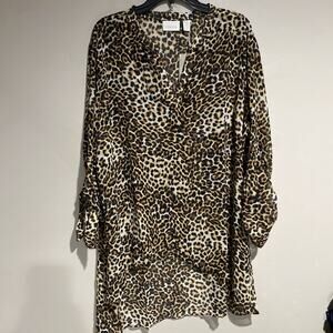 Chico's Leopard Tula Tunic Asymmetrical V Neck Blouse Top Long Sleeve Sz 4/XXL